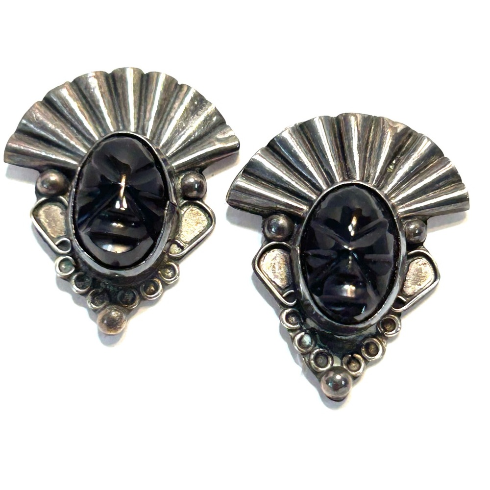 VTG Mexico Screw Back Earrings Carved Black Onyx Aztec Warrior Sterling Silver